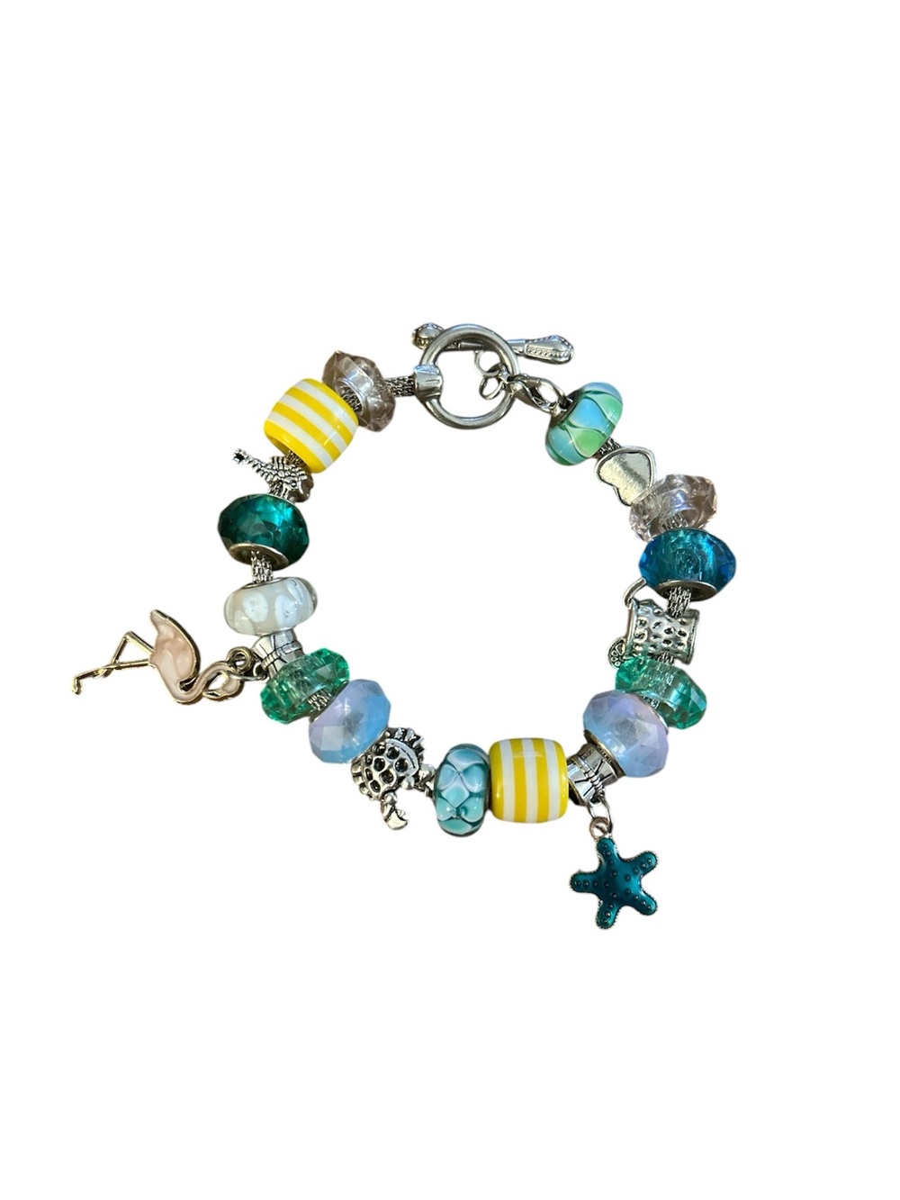 Tropical Beach Vacation Full Loaded Silver Tone 8.25in Charm Bracelet